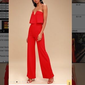 Red strapless jumpsuit